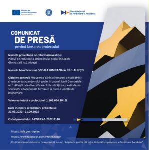 Proiect PNNR : Planul de reducere a abandonului școlar în Şcoala Gimnazială nr.1 Albești, Cod final de inregistrare F-PNRAS-1-2022-2140